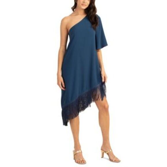 Trina Turk Gull Asymmetric Fringed Dress In Denim - L - Picture 1 of 1